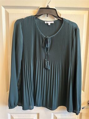 DR2 Teal Pleated Long-Sleeve Tie-Neck Blouse